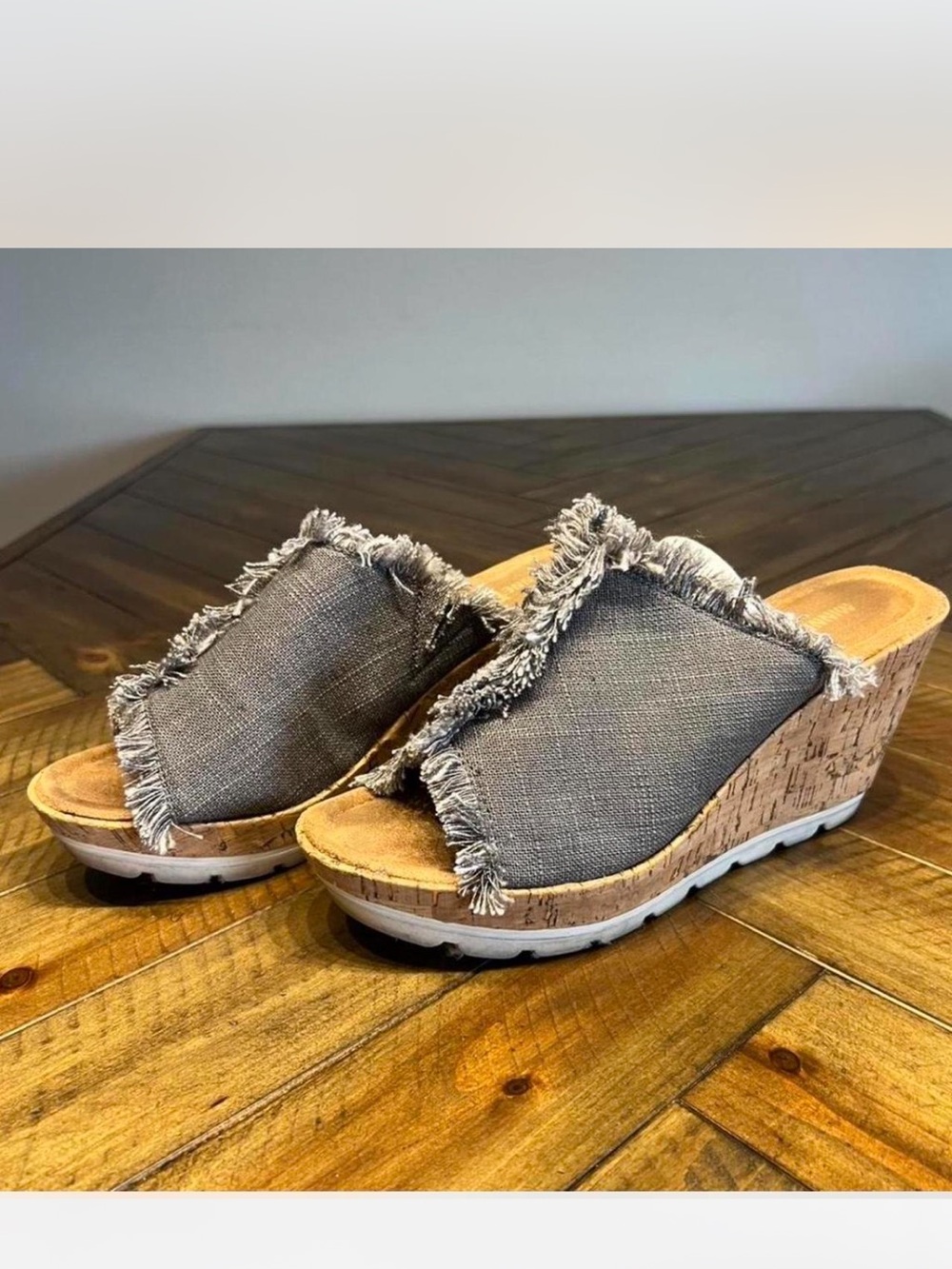 Gray Frayed Wedge Slide Sandals